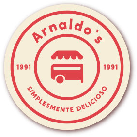 Arnaldo’s red circular bakery logo with a storefront icon and “SIMPLEMENTE DELICIOSO” text