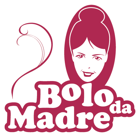 Logo rosa e branco com o texto “Bolo da Madre” e ilustração de rosto feminino estilizado.