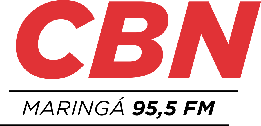 Logotipo da CBN em vermelho com “Maringá 95,5 FM” em preto.