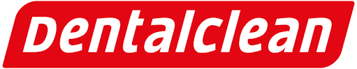 Logotipo da DentaClean em texto itálico branco sobre um retângulo vermelho com cantos arredondados.