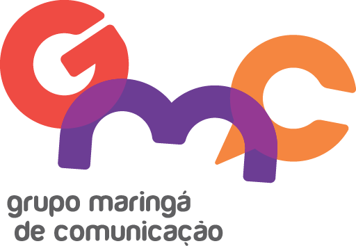 Logo colorida do Grupo Maringá de Comunicação com letras G, M e C estilizadas em vermelho, roxo e laranja.