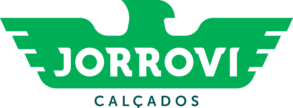 Logotipo da Jorrovi Calçados em verde e branco com emblema alado e nome da marca em negrito.