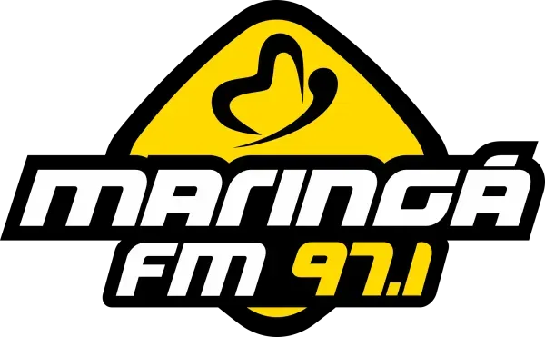 Logotipo da estação de rádio Maringá FM 97.1 em preto, amarelo e branco.