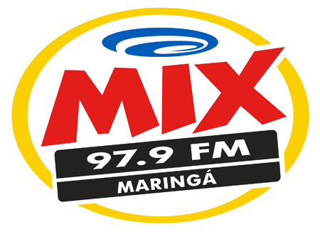 Logotipo da MIX 97.9 FM Maringá em vermelho, preto, amarelo e azul.