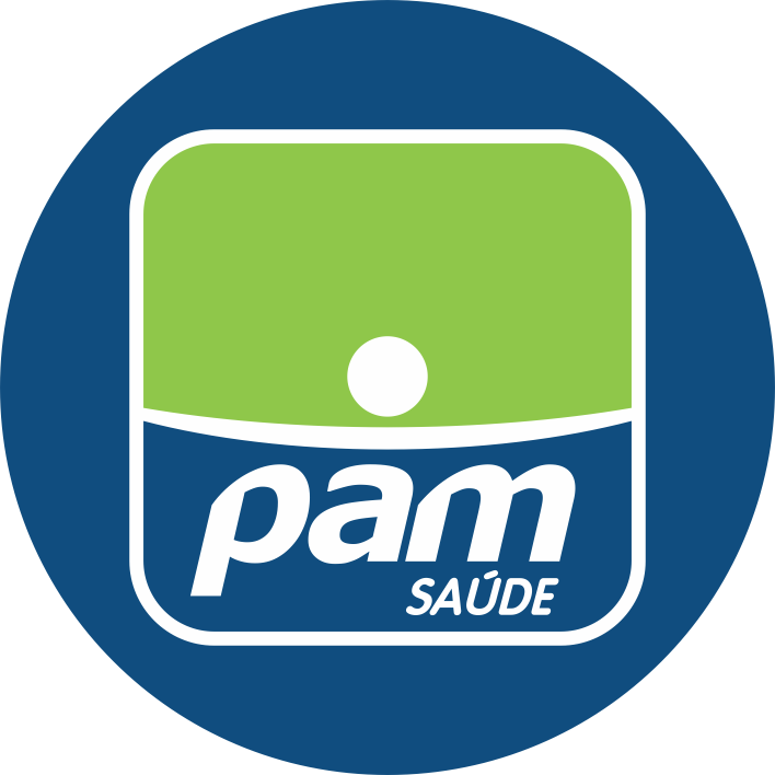 Logotipo da PAM Saúde: círculo azul com quadrado arredondado verde e branco e texto “pam” em branco.