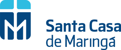Logotipo da Santa Casa de Maringá em azul e verde-água com um ícone estilizado em forma de “M”.