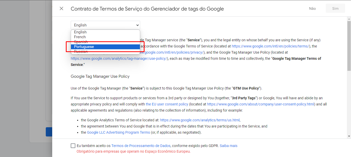 Página do navegador com uma opção de menu suspenso destacada com contorno vermelho perto do canto superior esquerdo.