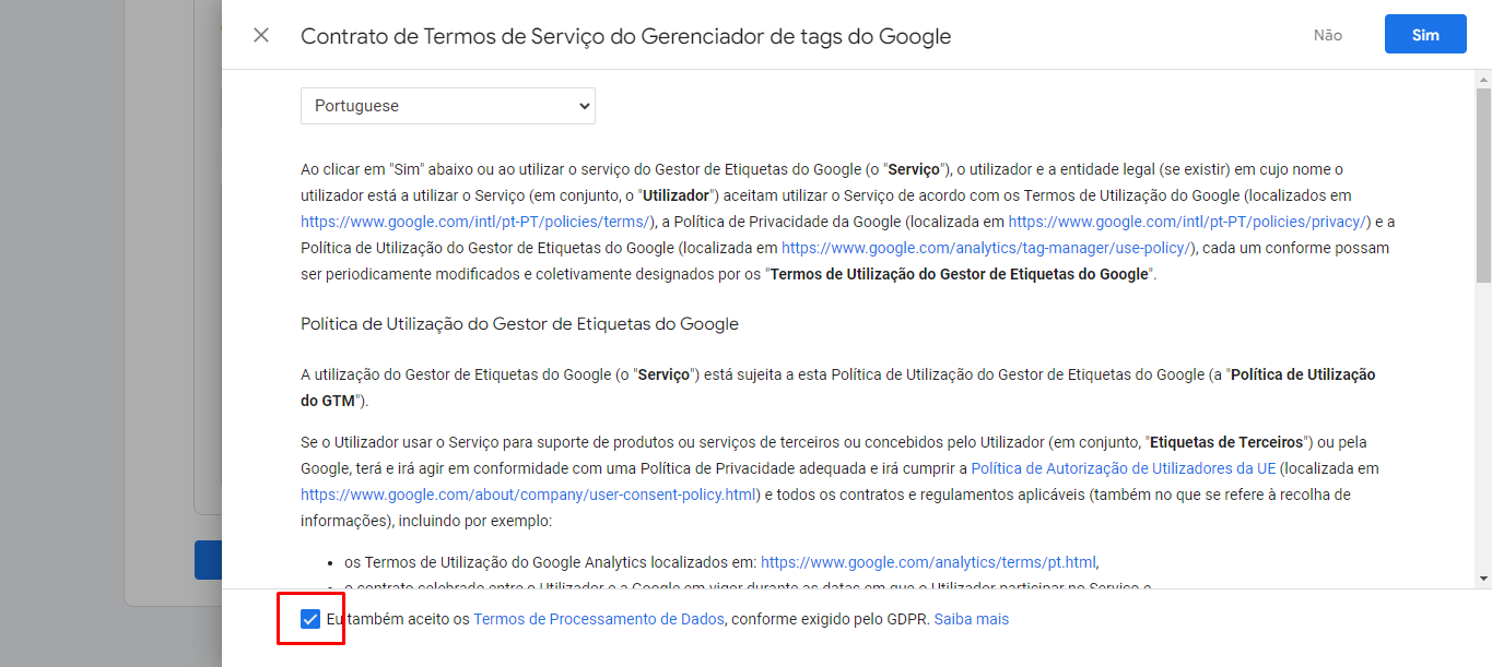Janela do navegador desfocada exibindo um documento com muito texto e um botão azul no canto superior direito.
