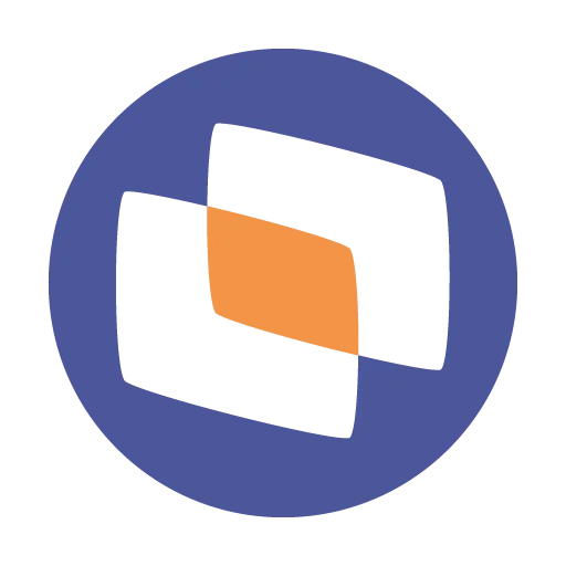 Logotipo circular azul com duas formas brancas sobrepostas e um diamante laranja no centro.