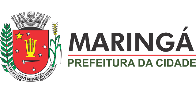 Brasão e texto “Maringá Prefeitura da Cidade” em preto, verde e vermelho.