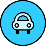 Ícone de carro branco dentro de um círculo azul, representando transporte ou assistência ao motorista.