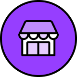Ícone circular roxo com fachada branca e contorno preto.