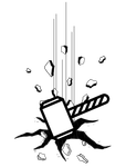 A black and white drawing of a cell phone being smashed by a hammer.