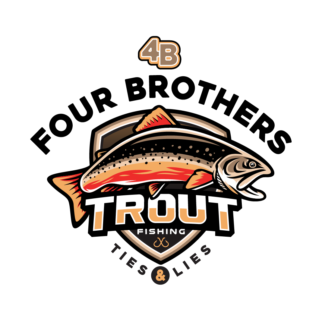 A logo for four brothers trout fishing ties and lies.
