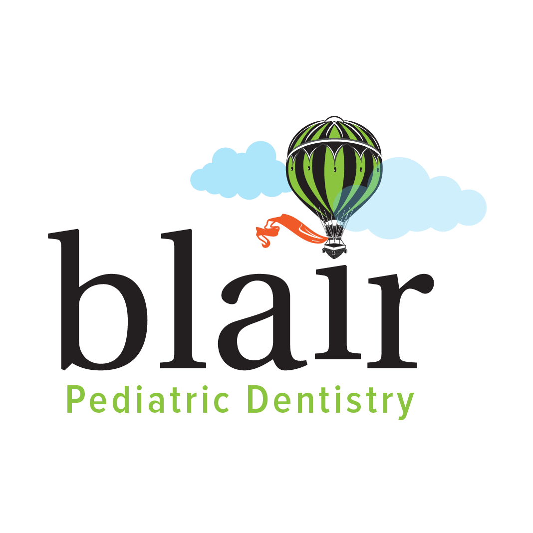 The logo for blair pediatric dentistry shows a hot air balloon flying in the sky.