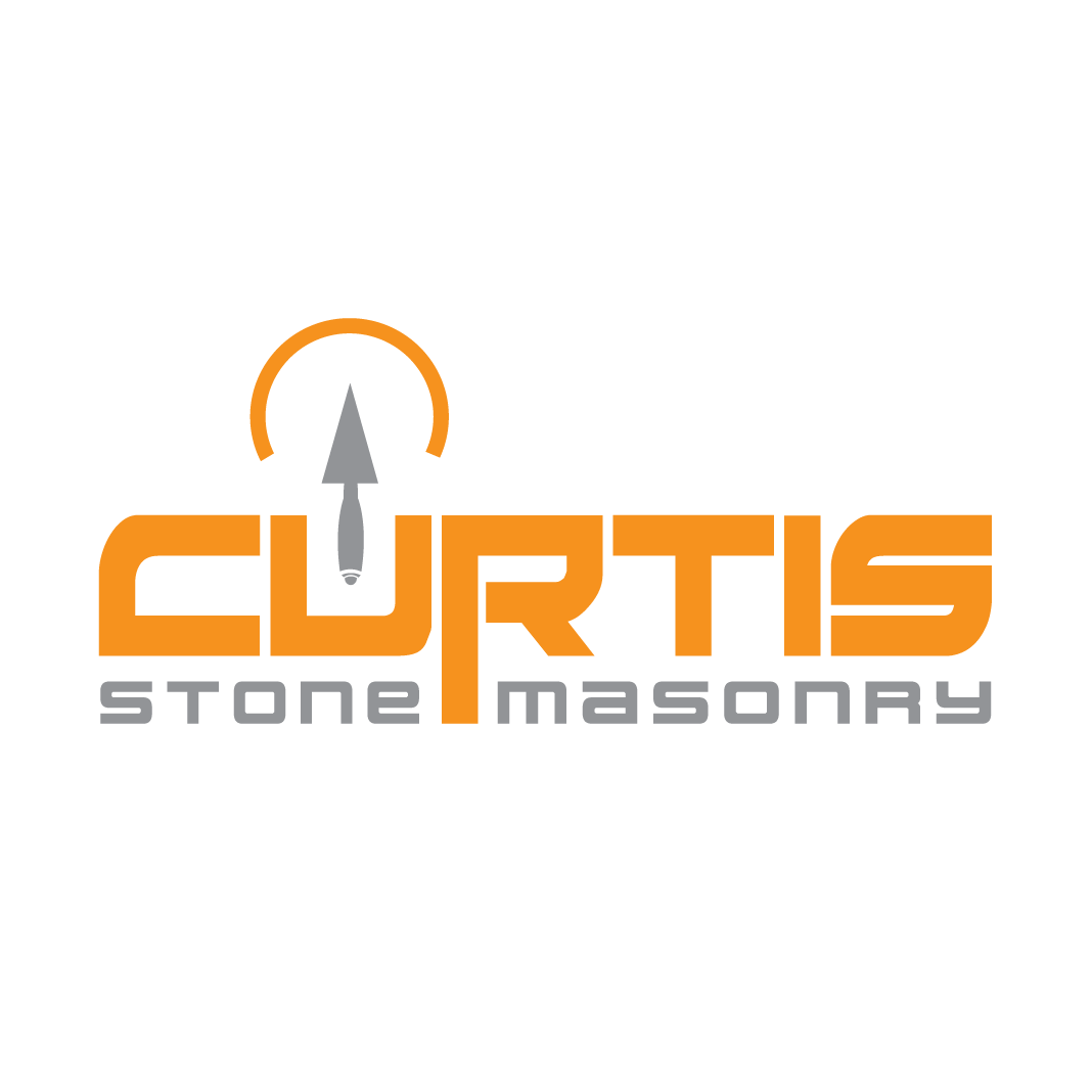A logo for curtis stone masonry with an arrow pointing up