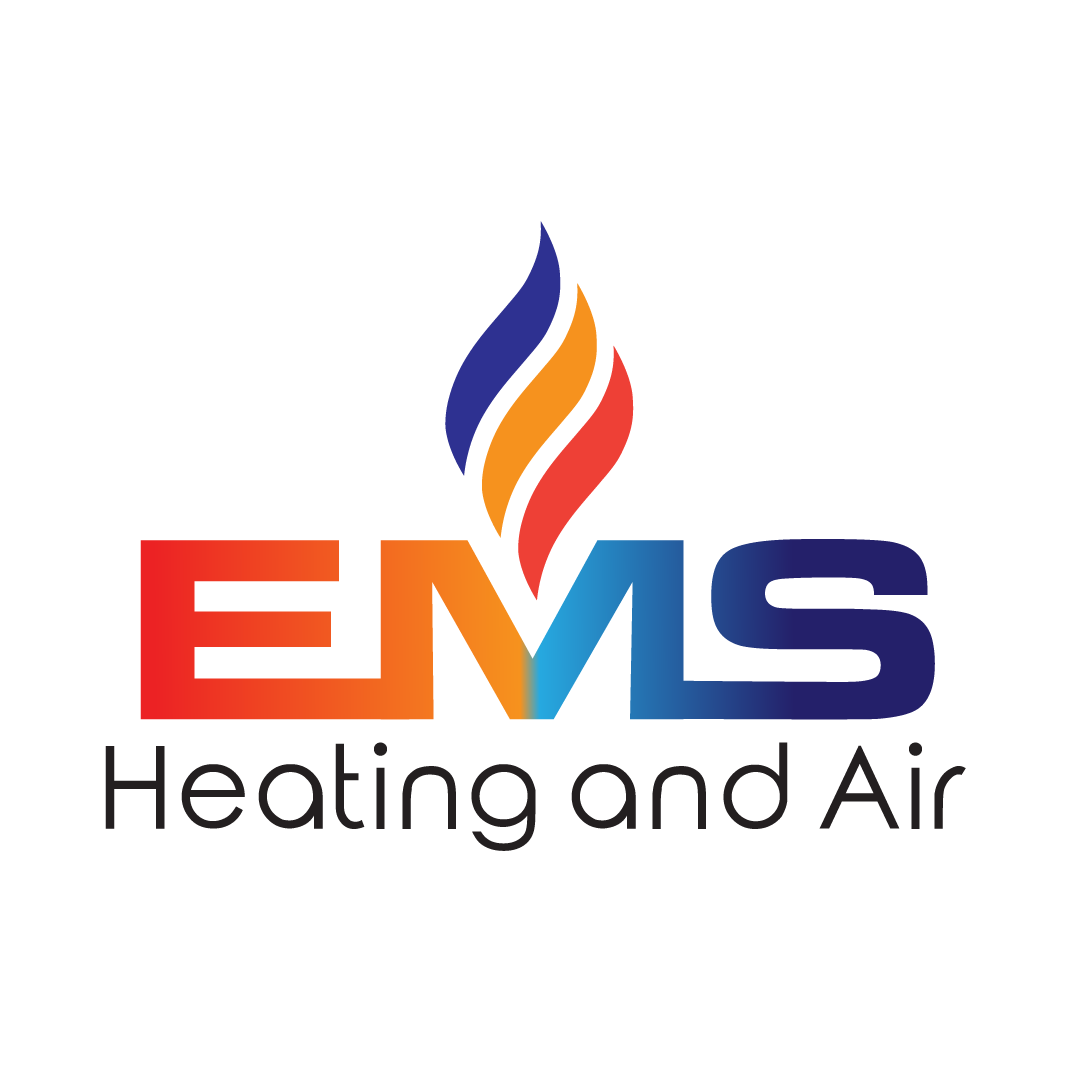 The logo for ems heating and air has a flame on it.