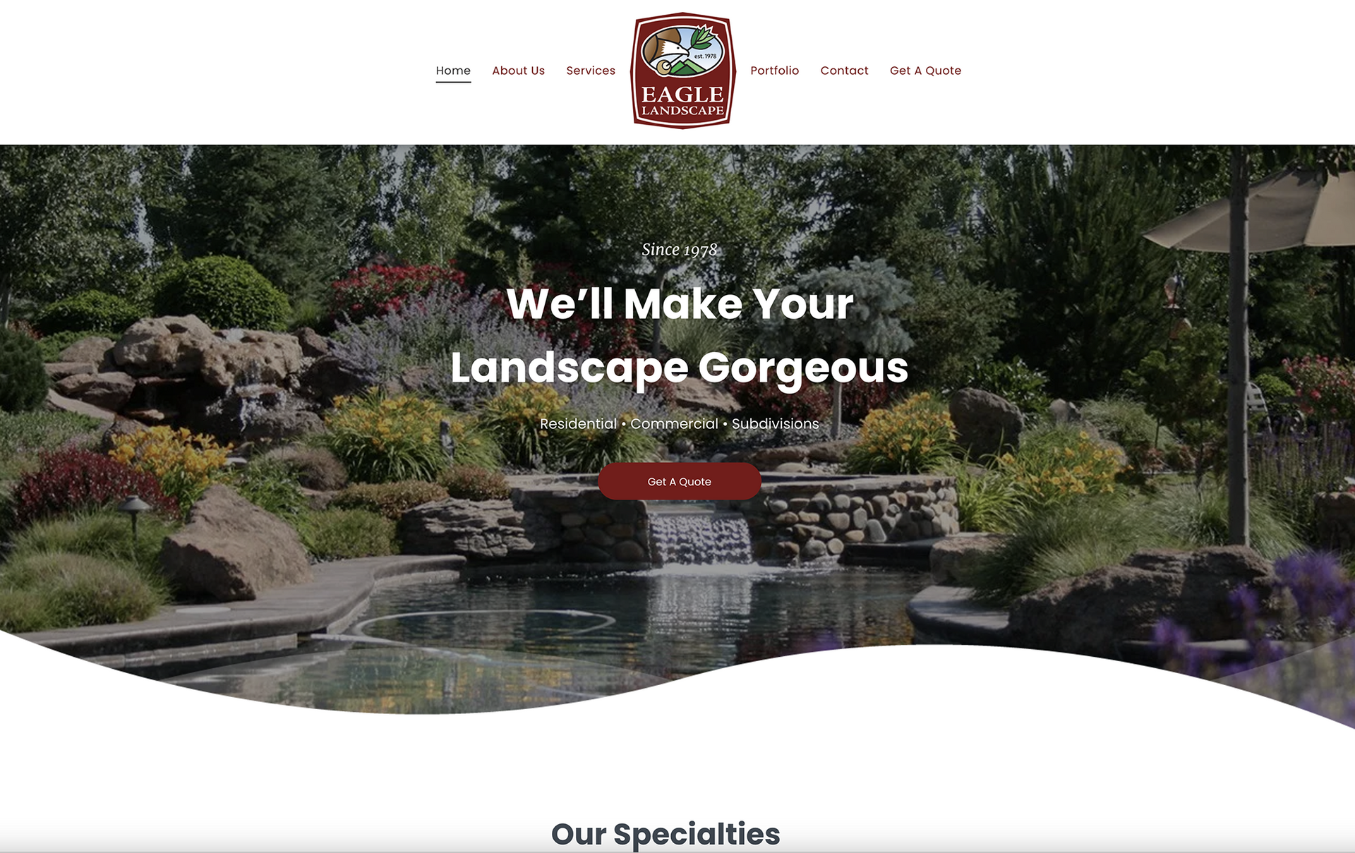 A screenshot of a website for a company called we 'll make your landscape gorgeous.