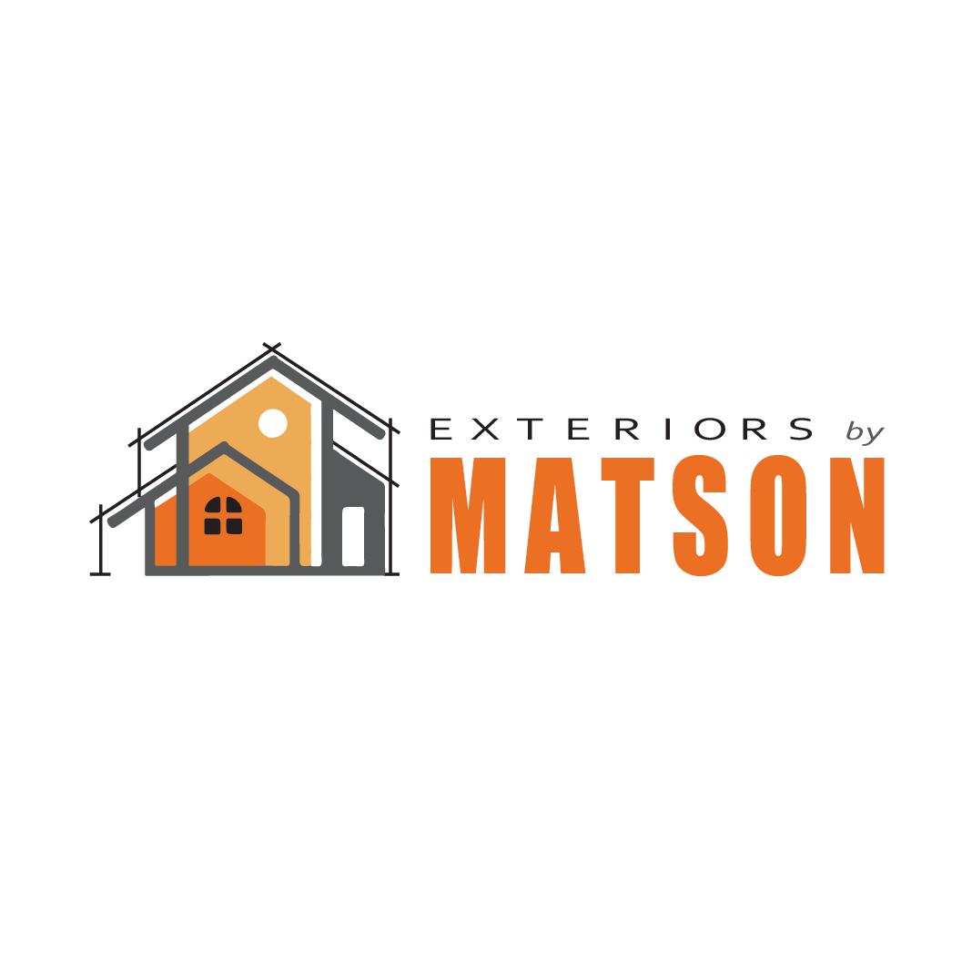 A logo for exteriors by matson with a house in the middle.