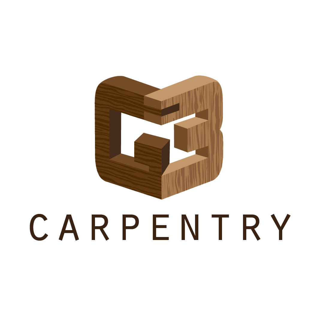 The logo for carpentery is made of wood and looks like a puzzle.
