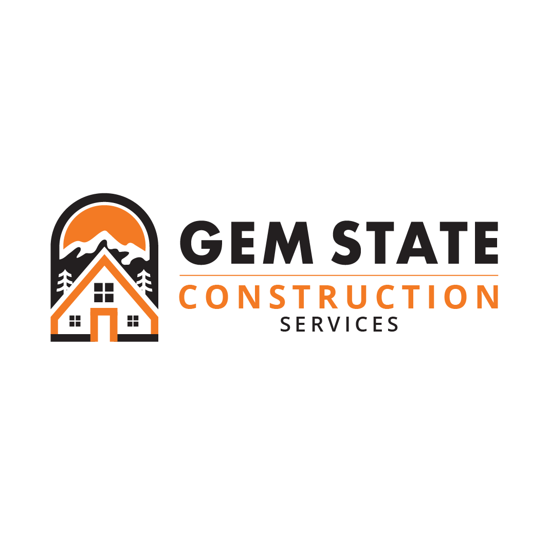 The logo for gem state construction services shows a house with mountains in the background.