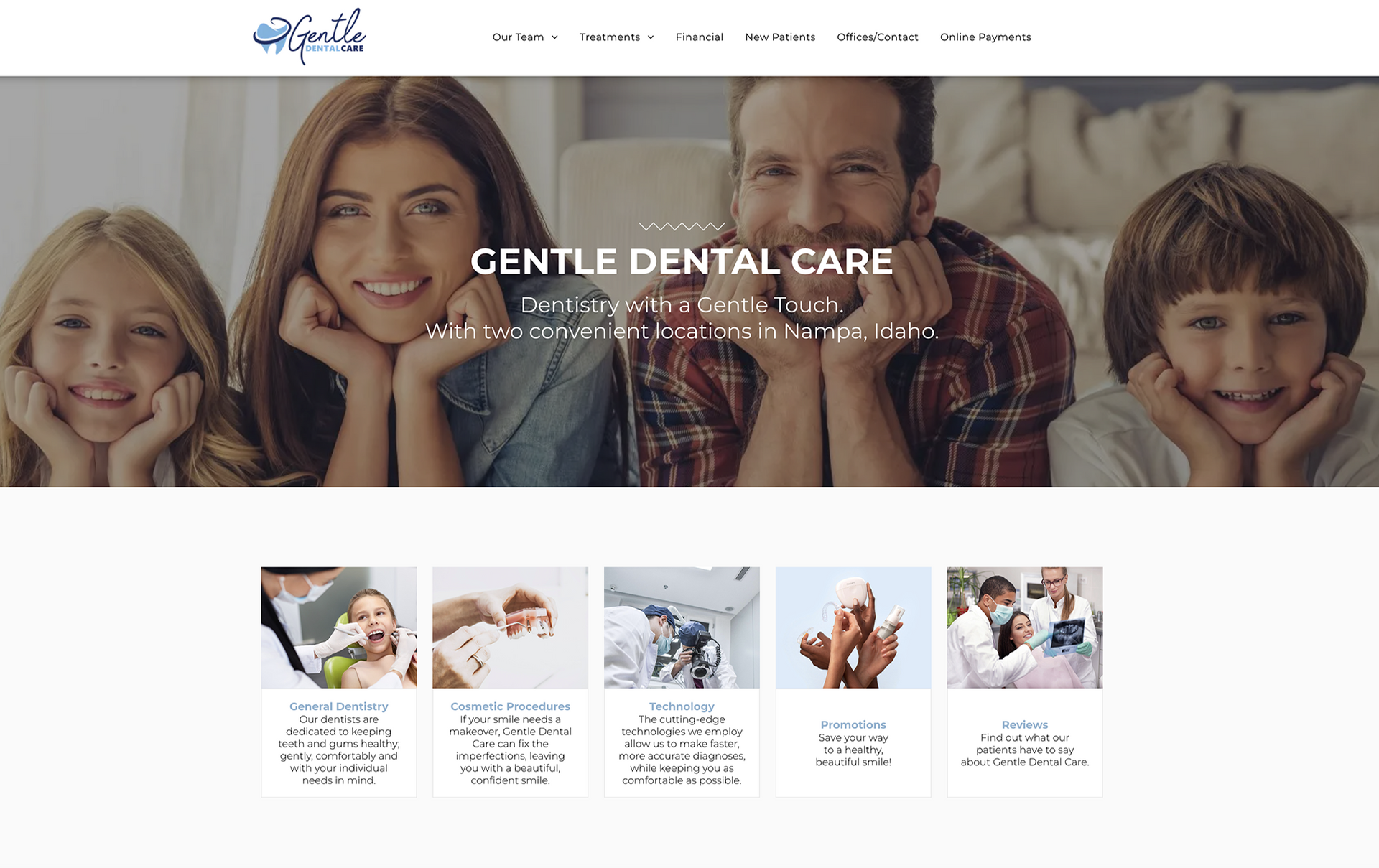 A dental care website with a picture of a family on it.