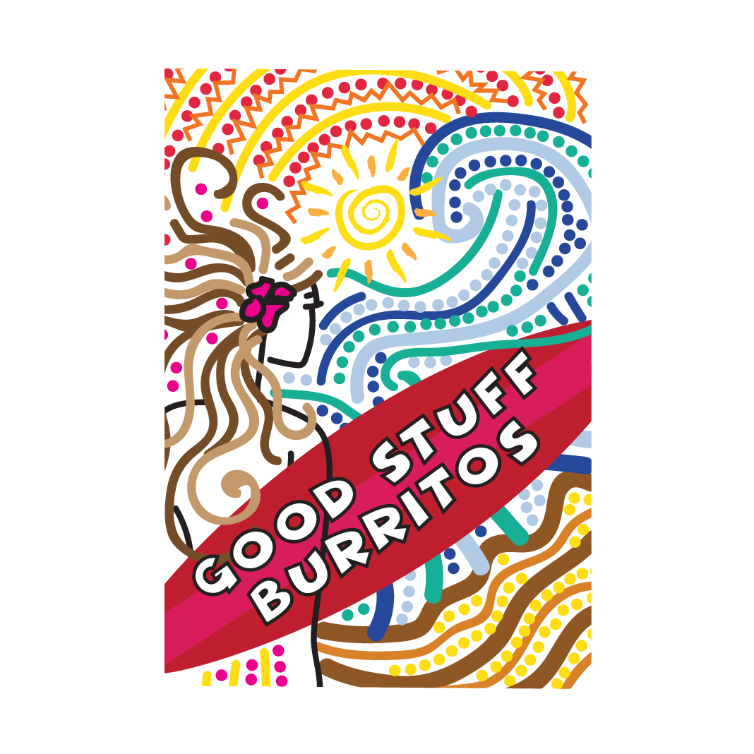 A poster for good stuff burritos with a woman singing into a microphone