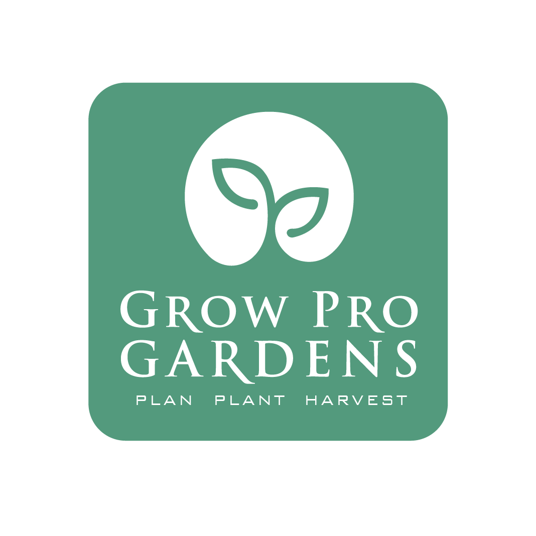 The logo for grow pro gardens plan plant harvest