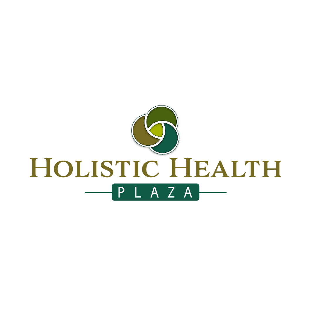 A logo for holistic health plaza with a green swirl on a white background.