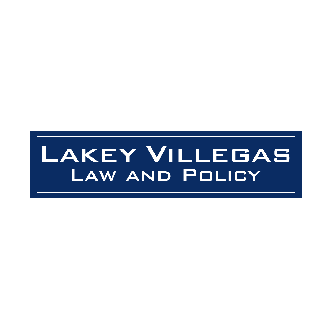 The logo for lakey villegas law and policy is blue and white.