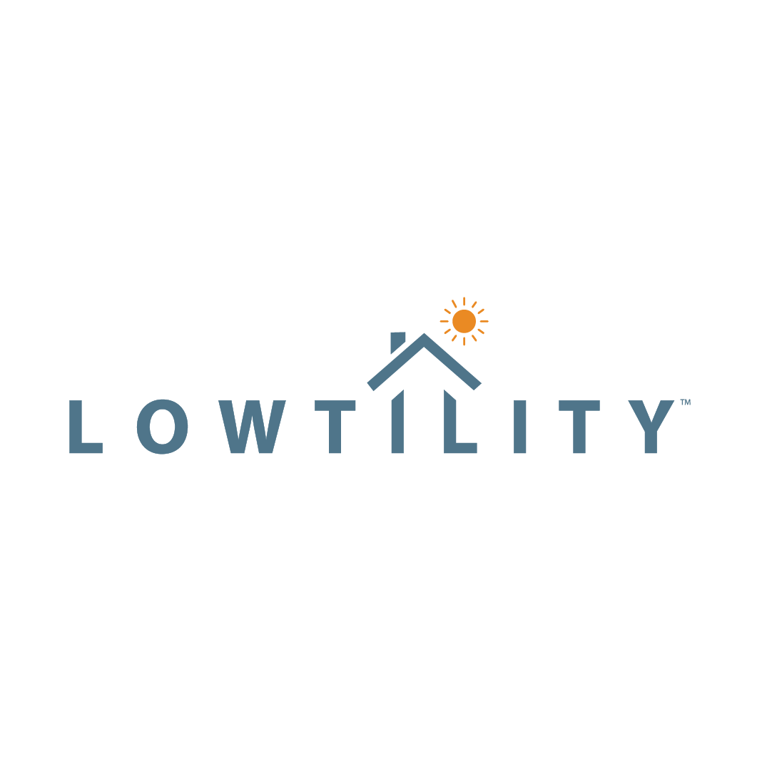 A logo for low utility with a house and sun on a white background.