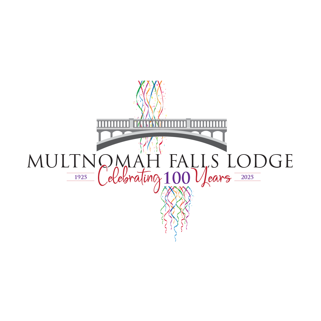 A logo for multnomah falls lodge celebrating 100 years.