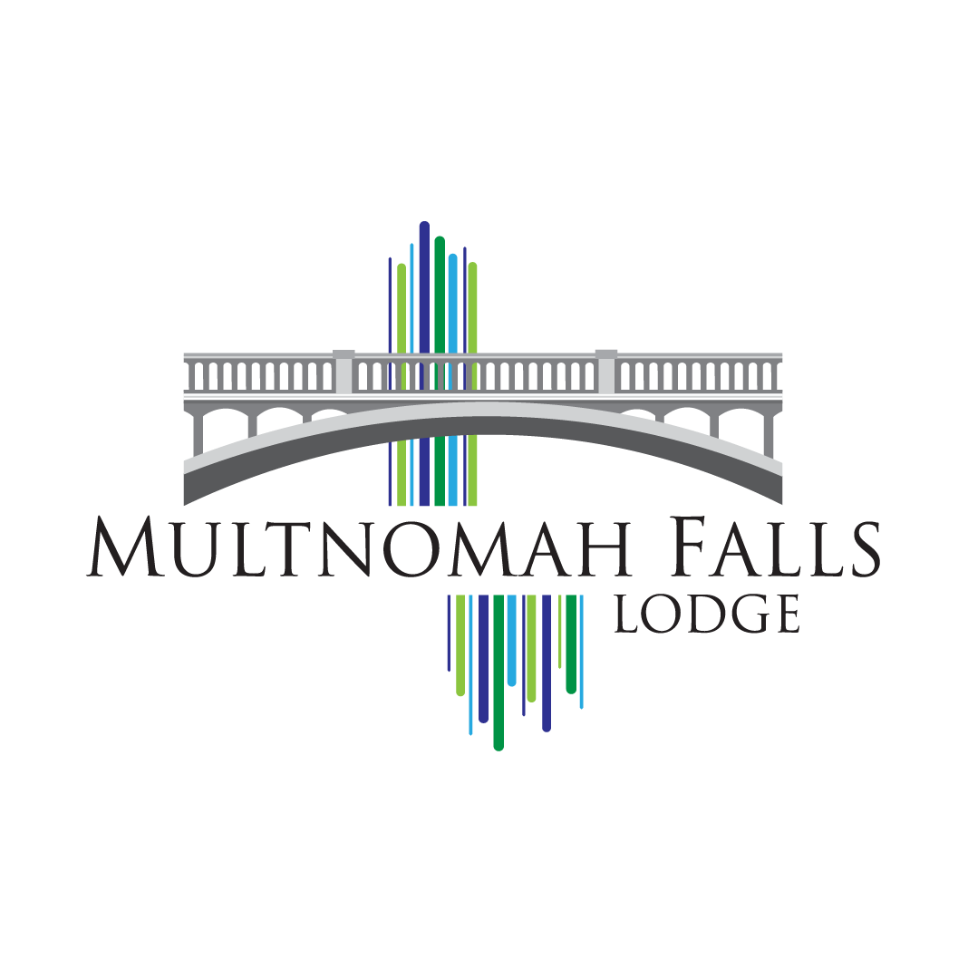 The logo for multnomah falls lodge shows a bridge over a river.