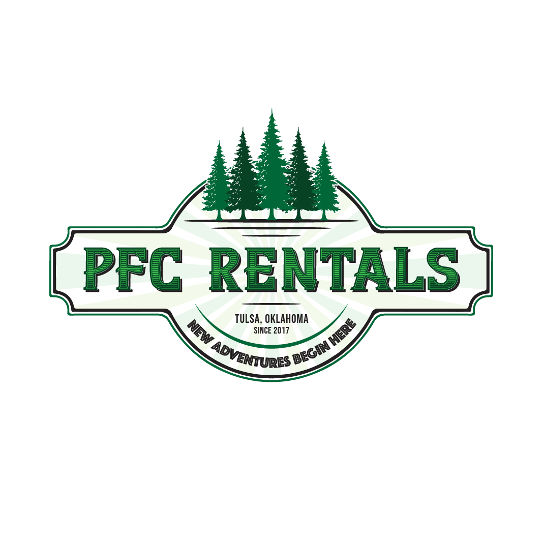 A logo for a company called pfc rentals with a forest in the background.