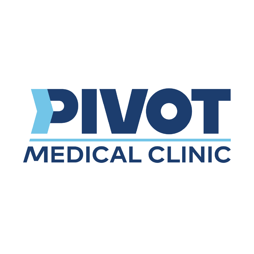 The logo for pivot medical clinic is blue and white.