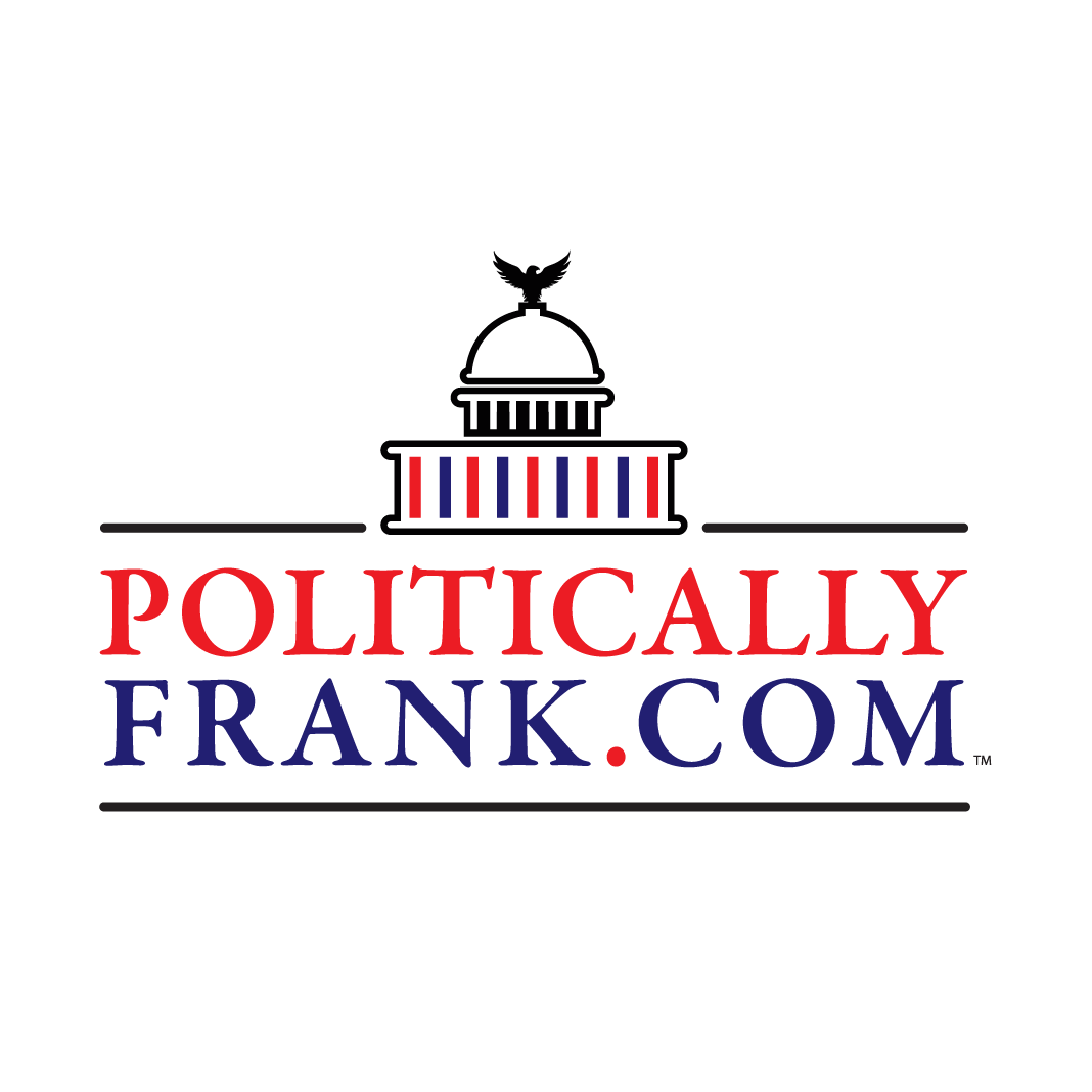 A logo for politically frank.com with a picture of the capitol building