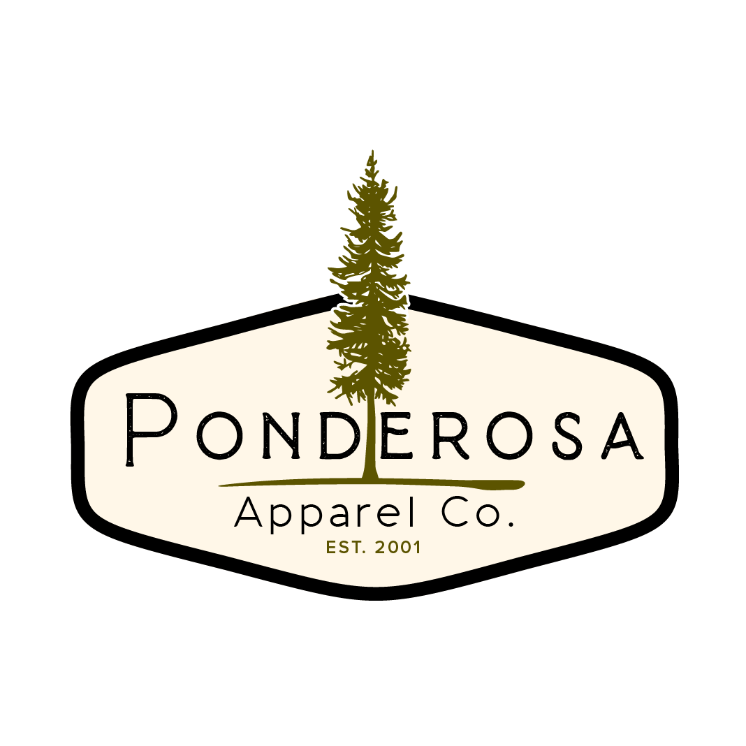 The logo for ponderosa apparel co. has a pine tree on it.