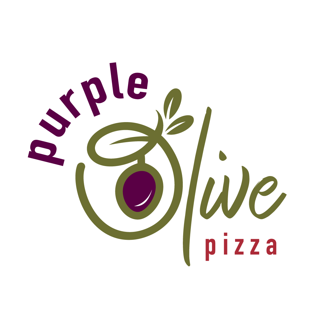 The logo for purple olive pizza has a purple olive in the center.