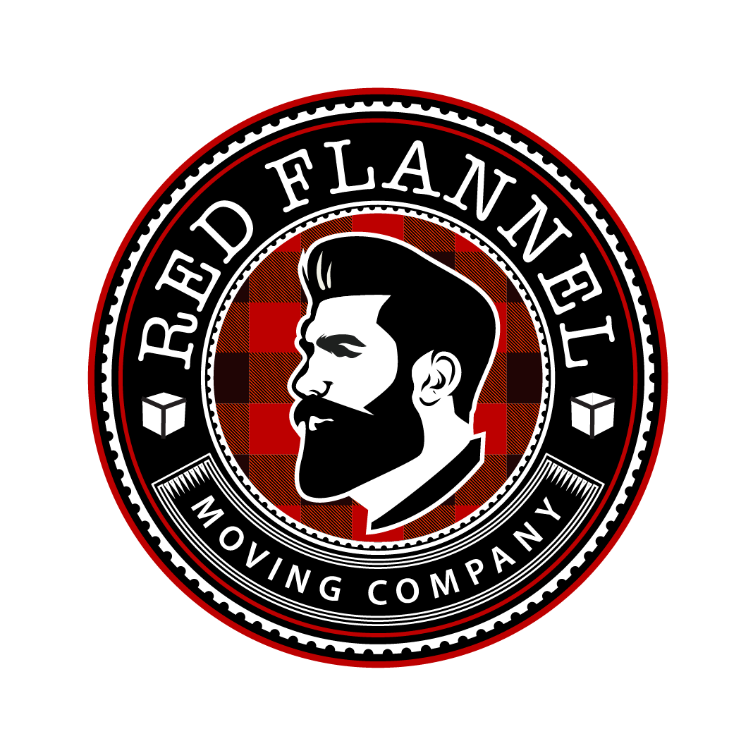 The logo for red flannel moving company has a bearded man in a circle.