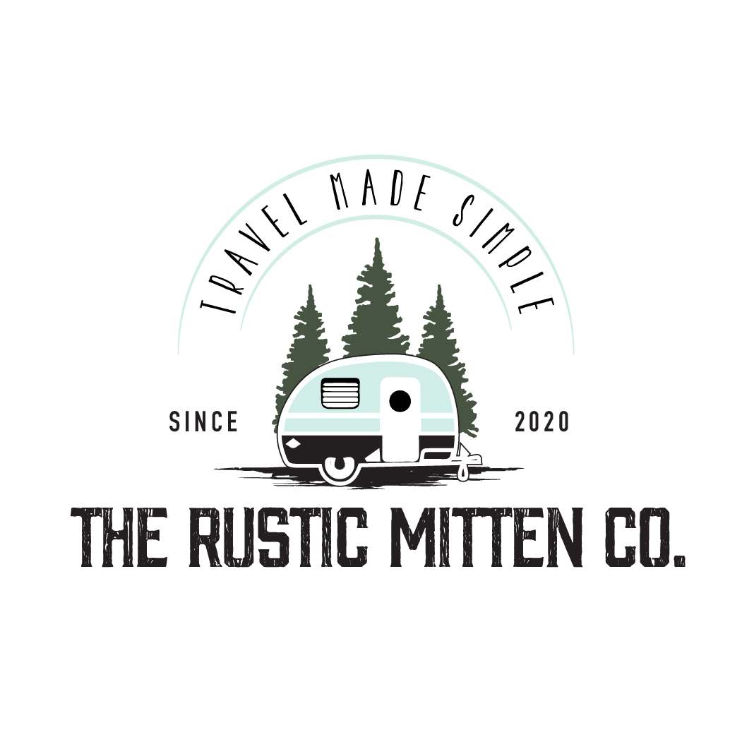 A logo for the rustic mitten co. with a trailer and trees.