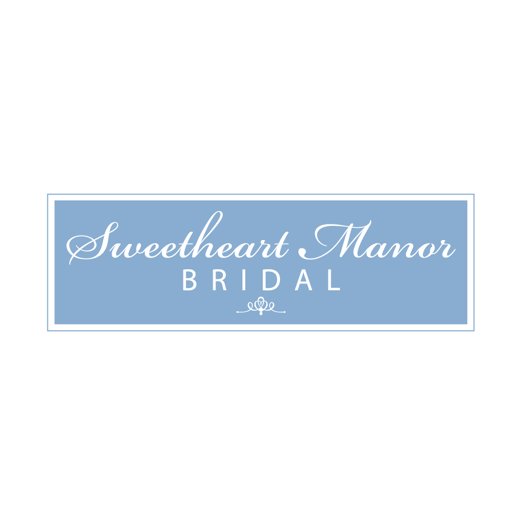 The logo for sweetheart manor bridal is blue and white.