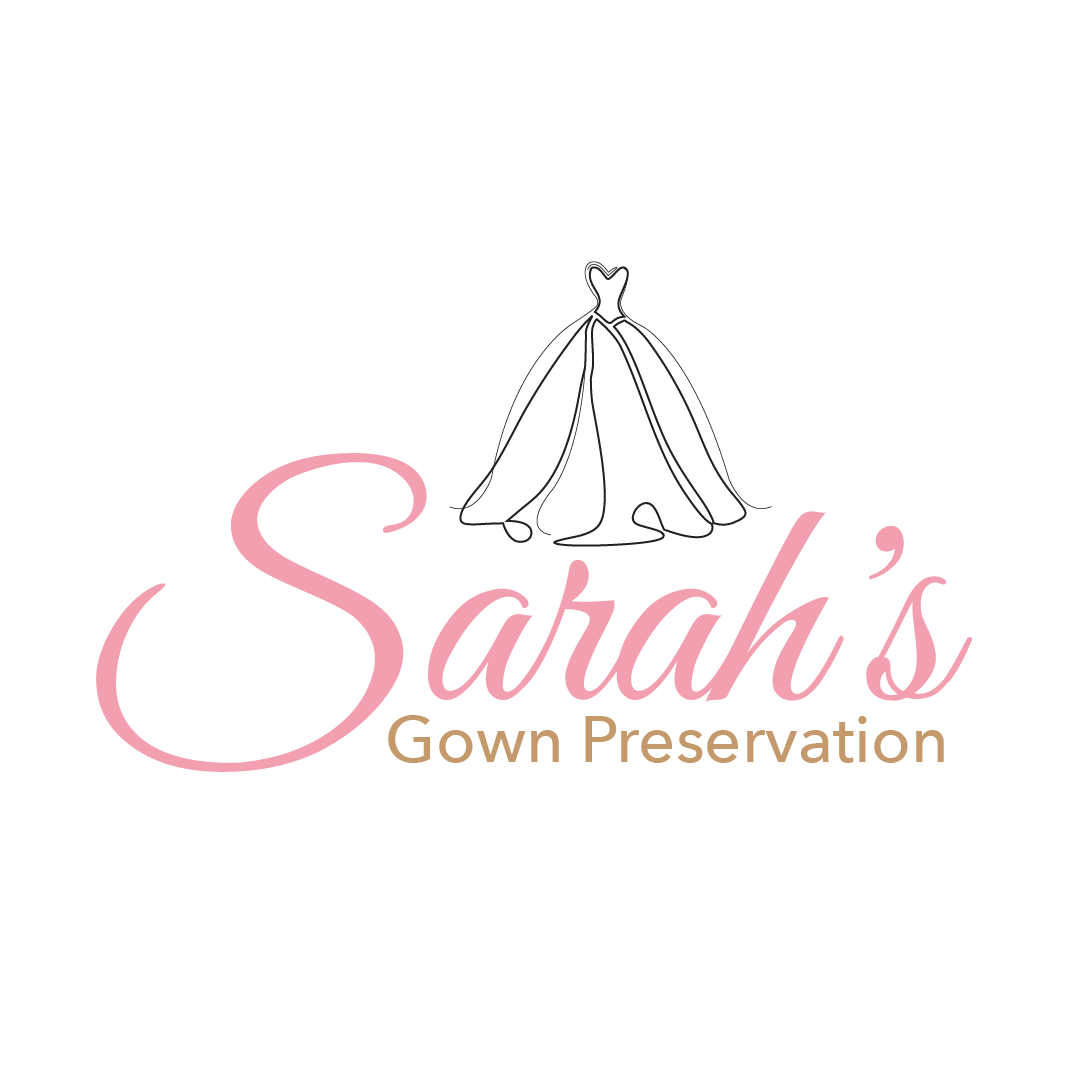 A logo for sarah 's gown preservation with a drawing of a wedding dress.