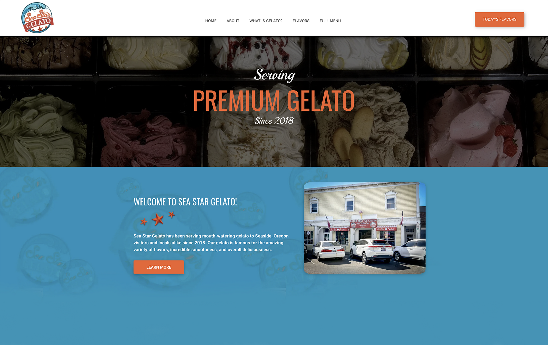 A screenshot of a website for a premium gelato shop.