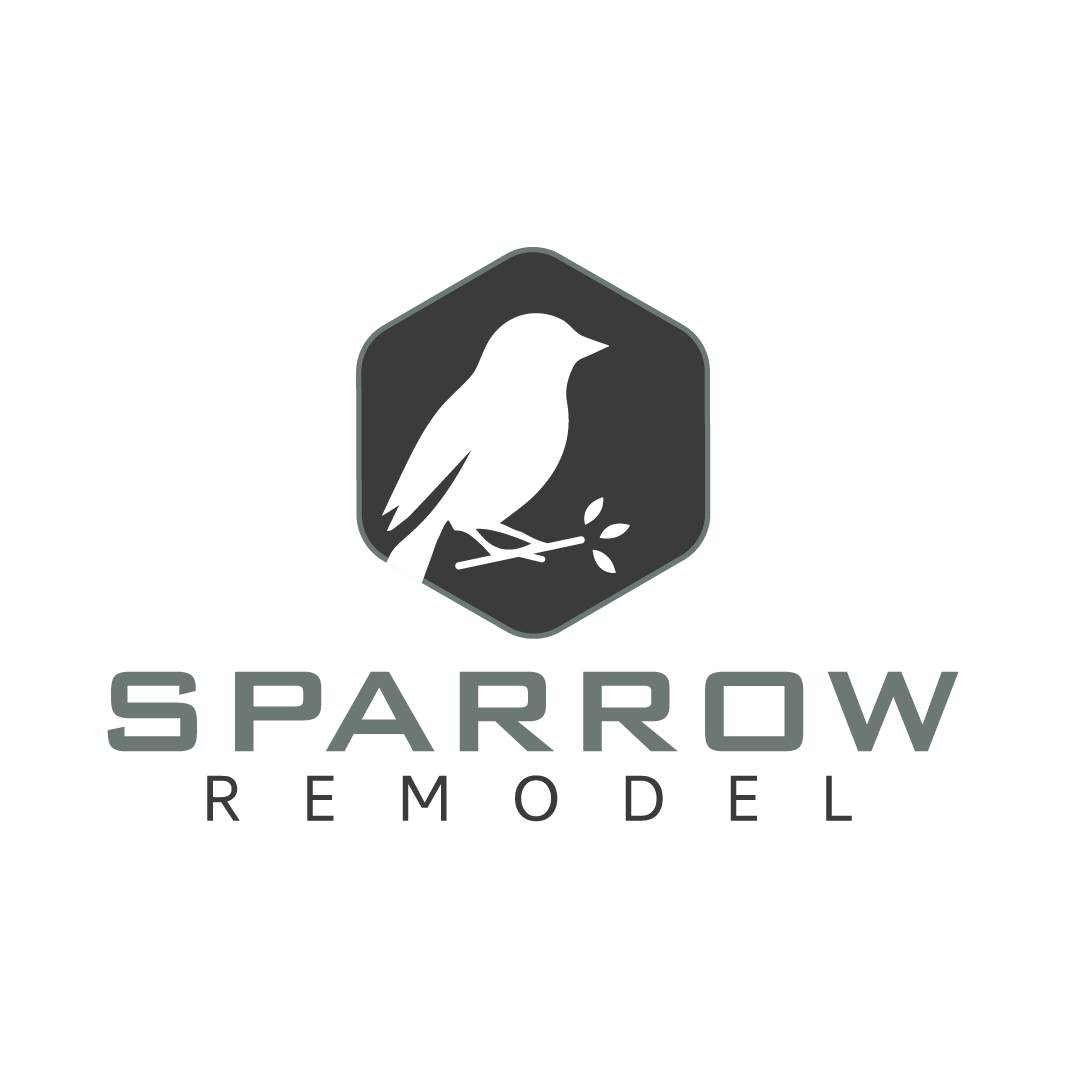 A logo for a company called sparrow remodel with a bird on a branch.