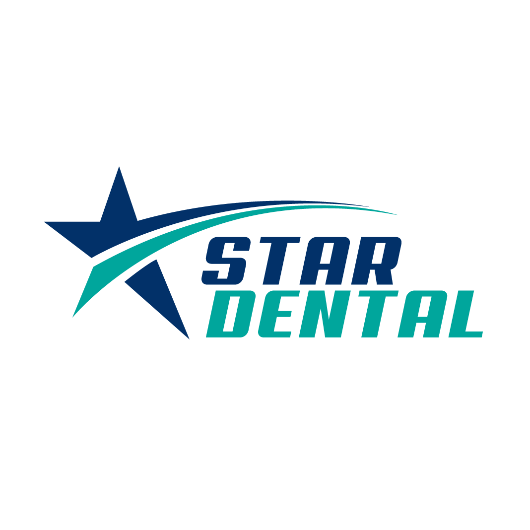 A logo for star dental with a blue and green star.