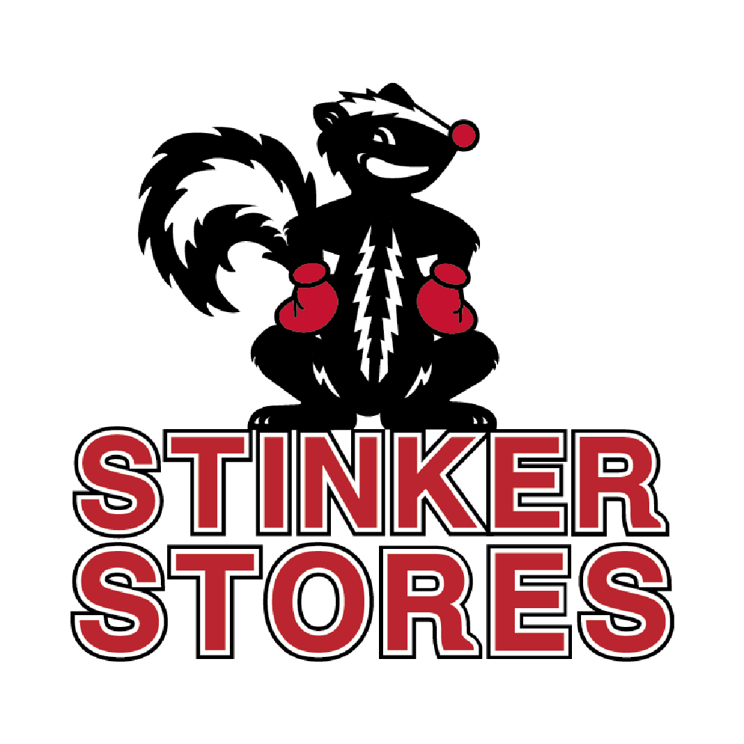A logo for stinker stores with a skunk wearing boxing gloves