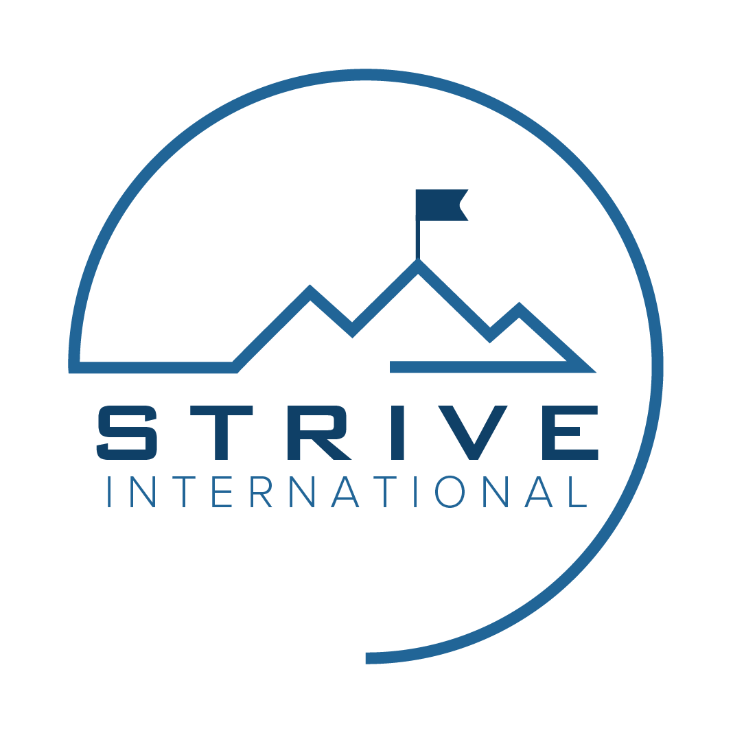 The logo for strive international shows a mountain with a flag on top of it.