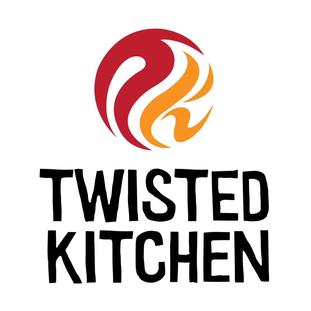 A logo for twisted kitchen with a flame in a circle.