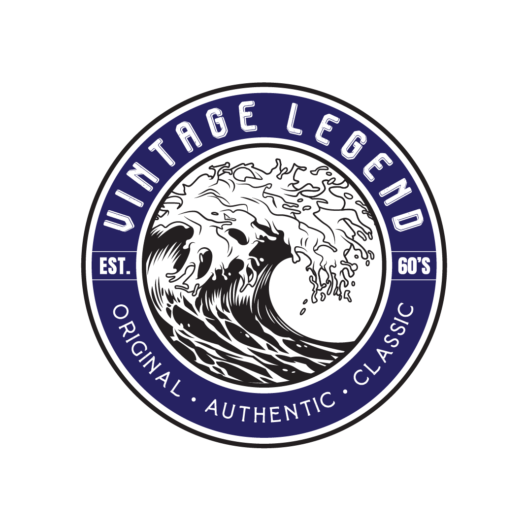 A vintage legend logo with a wave in the middle
