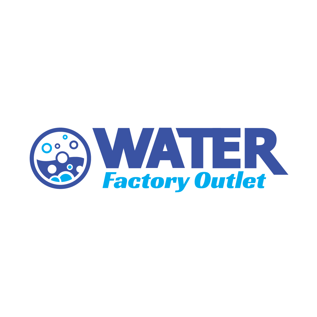 A blue and white logo for water factory outlet.